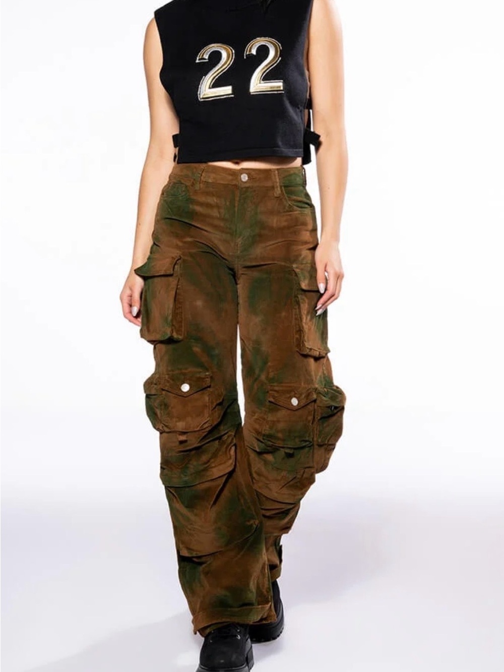 AKIRA Brown Velvet Wide-Leg Cargo Pants with Green Accents